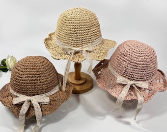 Baby Beach Hat / Girls Sun Hat / Lace Bow Straw Hat / Parent-child Sun Protection Sun Hat / Outdoor Baby Gift/ Baby Hat for Girls/ Beach Hat