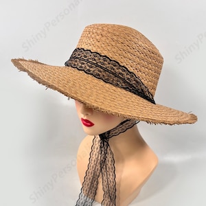 Natural Straw Elegant Summer Hat with Black Lace Tie/ Straw Hat / Visor Hats For Women / Straw Beach Hat / Sun Hats For Women/ To Her Gift