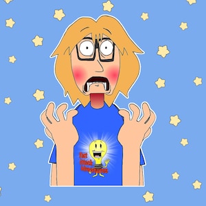 May include: A cartoon illustration of a person with blonde hair, glasses, and a shocked expression, wearing a blue t-shirt with a glowing lightbulb graphic that reads Fact Attack Adventures, set against a light blue background with small yellow stars.