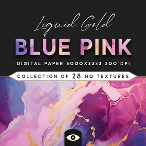 May include: A collection of 28 digital paper textures featuring abstract blue, pink, and gold liquid marble patterns. The digital papers are 5000x3333 pixels and 300 DPI.  Liquid Gold Blue Pink.
