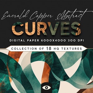 Pode incluir: Coleção de papel digital Emerald Copper Abstract Curves, com 18 texturas de alta qualidade. Cada design apresenta um padrão de redemoinho em verde, cobre e branco, criando uma aparência moderna e abstrata. Os papéis digitais são de 6000 x 4000 pixels e 300 DPI.