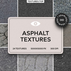 May include: A collection of 24 seamless asphalt textures, each measuring 5000x5000 pixels at 300 DPI. The textures feature various shades of gray and black, with some showing cracks and wear.