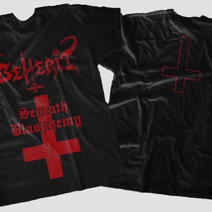 May include: Black t-shirt with a red inverted cross and the text "Seventh Blasphemy" on the front. The back of the shirt features a red inverted cross. The band name "Beherit" is printed in red on the front.