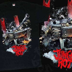 May include: Black t-shirt with a graphic of a tank emerging from a jungle scene with flames and the words "Jungle Rot" in red.