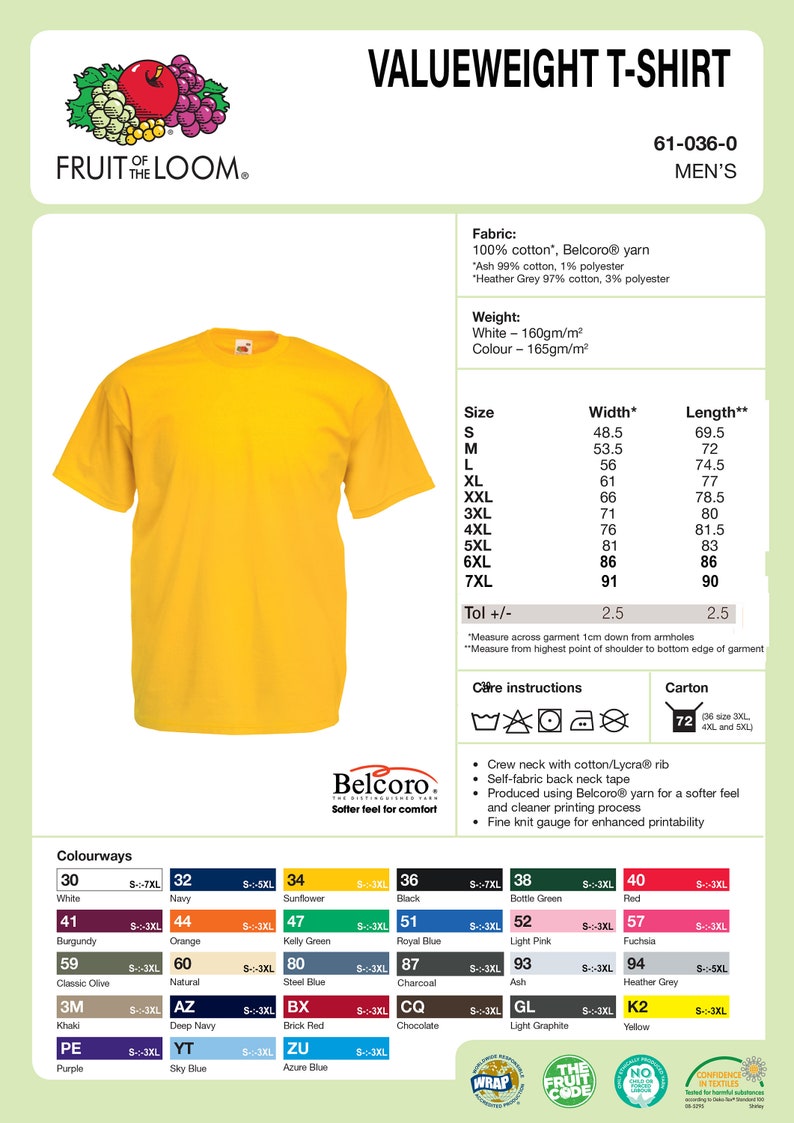 Może przedstawiać: Ż&oacute;łta koszulka z logo Fruit of the Loom i tekstem "Valueweight T-Shirt" oraz "61-036-0 Men's". Koszulka jest wykonana ze 100% bawełny Belcoro. Tabela rozmiar&oacute;w pokazuje szerokość i długość koszulki w centymetrach. Instrukcje pielęgnacji obejmują pranie, wybielanie, suszenie i prasowanie. Karta kolor&oacute;w przedstawia r&oacute;żne kolory koszulki.