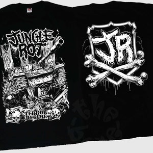 May include: Black t-shirt with a white graphic print of a tank and the text "Jungle Rot" and "Terror Regime". The back of the shirt has a white graphic print of a shield with the letters "JR" and crossed bones.