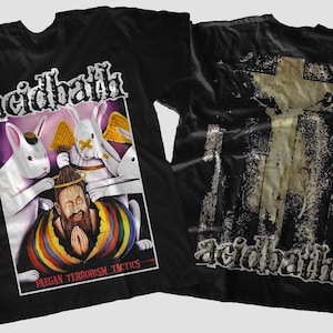 May include: Black t-shirt with the band name "acidbath" in a distressed font. The front features a graphic of white rabbits and a bearded man. The back displays a cross design. The text "Pagan Terrorism Tactics" is also visible.