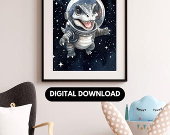 Astronaut Dinosaur Print • Watercolor Space Dino Nursery Art (Digital Download)