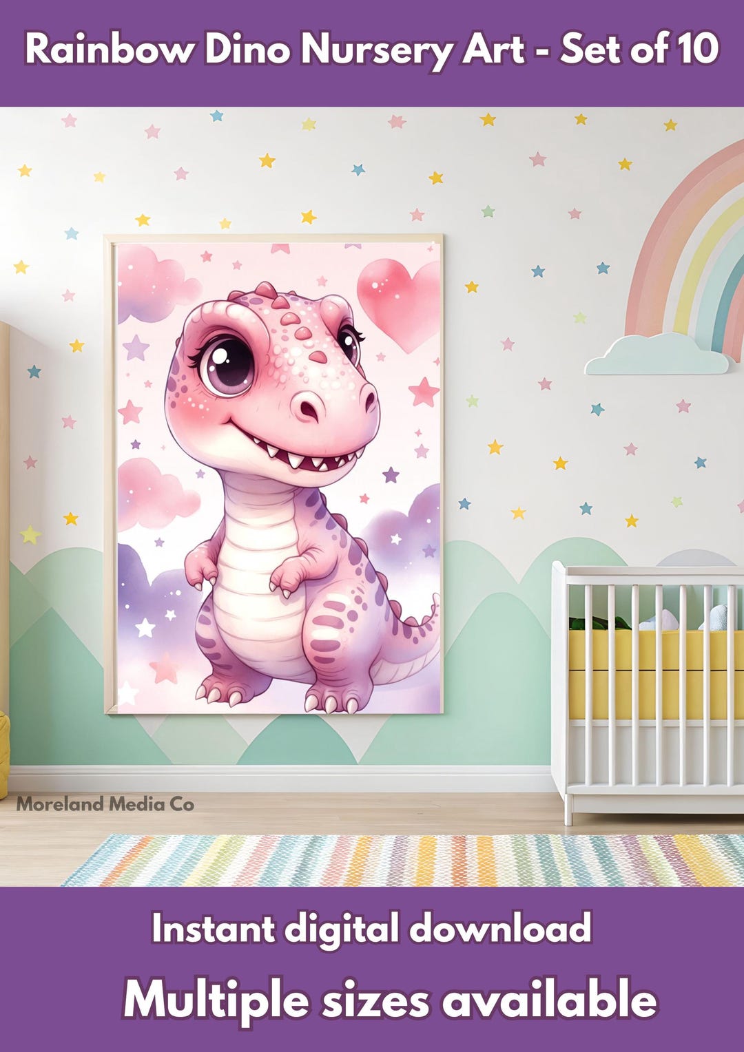 Pink Dinosaur Nursery Art Print – Cute Baby Dino Wall Decor for Girls ...