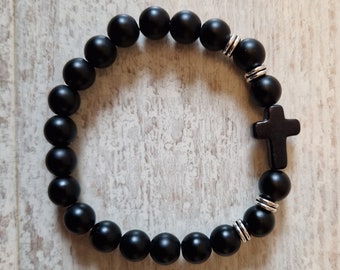 Black Beaded Cross Bracelet, Stretchy Jesus Bracelet, Unisex Religious Accessory, Cross Bracelet for Men and Women, Christian Faith Bracelet