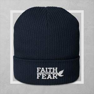 FAITH OVER FEAR - Organic ribbed beanie, beanie hat Jesus, God's wear, religious winter hat, Christian faith beanie, gift for Christians