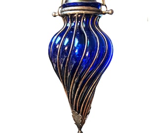 1930's Venetian Cobalt blue caged blown glass pendant light