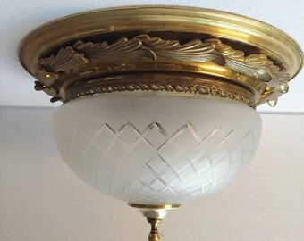 Mid Century Brass and Frosted cut glass flush ceiling lights.