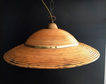 1970's Pencil Reed Pendant Light with brass decor.