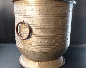 1950's Galvanized Metal Plant Pot, Galvanized fireplace wood bin.
