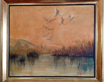 Mid century "Storks in Flight" oil painting.