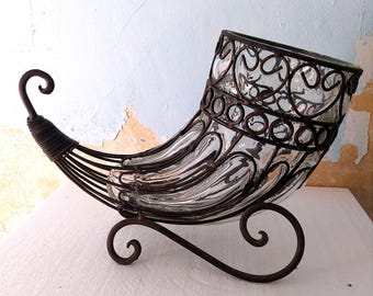 Mid Century Venetian Blown Caged Glass Vase.Horn shaped Venetian vase.
