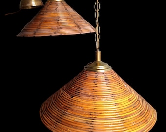 Pair of 1960's identical Pencil Reed Bamboo Pendant Lights.