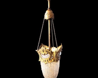 Stunning 1920's Art Nouveau Brass and Crystal Pendant Light.