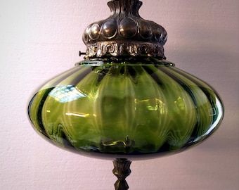 1930's Olive Green Blown Glass Pendant Light.