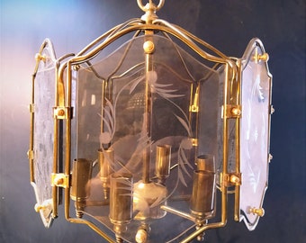 Mid Century 6 sided brass and cut glass lantern pendant light.