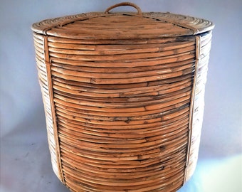 1970's Large Pencil Reed Basket with Lid.