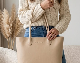 Luxe Leren Tote Bag Dames Beige | Elegante 15.6 inch Laptop Shopper Echt Leer | Ruime Business Schoudertas | Cadeau voor Haar