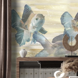 Goldfish, chinoiserie fish  Watercolor Wall Mural, Self Adhesive Wallpaper, DIY Wall Mural, Wallpaper Decal,