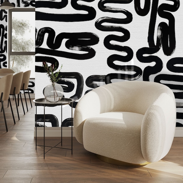 Black Brushstroke Oversized Wallpaper Wall Mural, Removable wallpaper, Peel & Stick Black and White Wall Art