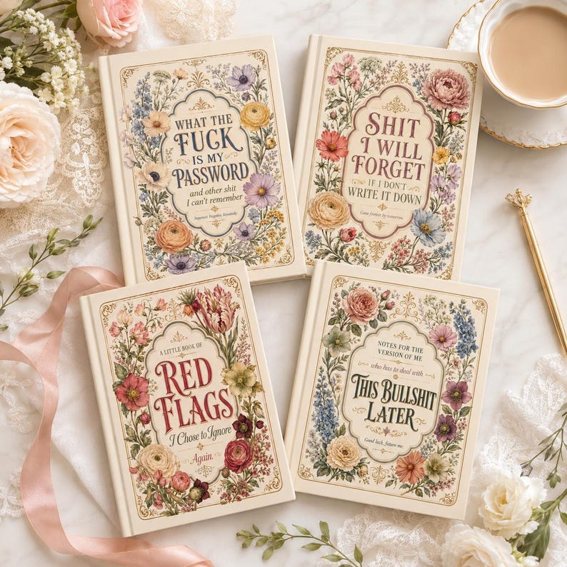 May include: Four hardcover books with cream covers, each featuring ornate gold-toned frames and colorful floral illustrations. The titles read: What the Fuck is My Password, Shit I Will Forget, A Little Book of Red Flags, and This Bullshit Later.