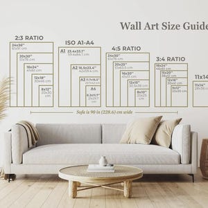 K&ouml;nnte beinhalten: Eine Wandkunst-Gr&ouml;&szlig;entabelle, die verschiedene Rahmendimensionen in Zoll und Zentimetern anzeigt, unterteilt in die Seitenverh&auml;ltnisse 2:3, ISO A1-A4, 4:5 und 3:4, platziert &uuml;ber einem 228,6 cm breiten hellgrauen Sofa mit Textbeschriftungen.
