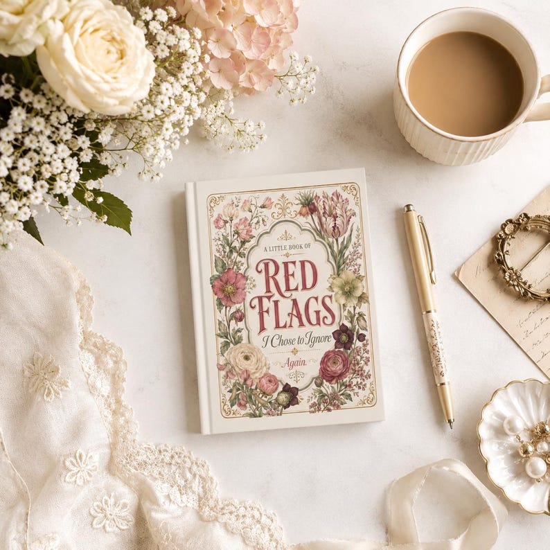 May include: A hardcover book titled A Little Book of Red Flags I Chose to Ignore Again, featuring a floral border with pink, red, and green flowers. The book is placed next to a gold pen, a white coffee mug, and a small white scalloped dish.