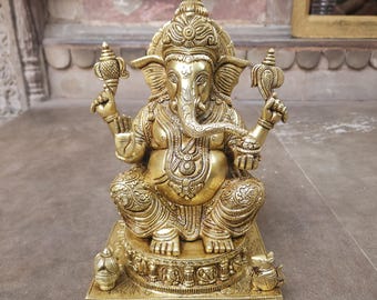 Brass Ganesha Statue 10.5 Inch Large Ganesh Statue Ganpati Handmade Hindu God Idol Murti