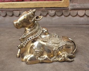 Brass Nandi Bull Statue 9.5 Inch Large Handmade Shiva Vahana Idol, Hindu Temple Decor, Religious Gift