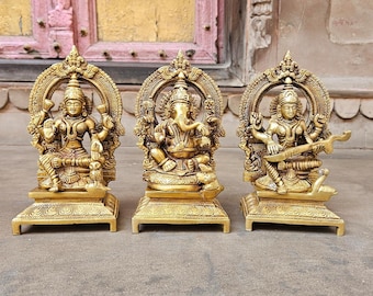 Messing Ganesha Lakshmi Saraswati Statue 17,8 cm Handmade Hindu Gott Idol Home Tempel