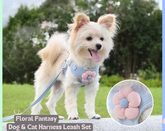 Zestaw smyczy i szelek dla psa i kota Floral Fantasy Love Cute Pets For Cats Dog Gifts Obroża Akcesoria dla psów Szczeniak Miłośnik psów Odciski łap Pies Mama Tata