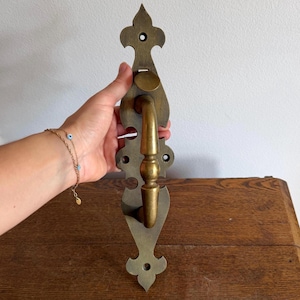 May include: A vertical brass door handle featuring an elongated backplate with a decorative fleur-de-lis inspired shape at the top and bottom. The handle has a central grip with a smooth, rounded finish and includes pre-drilled screw holes.