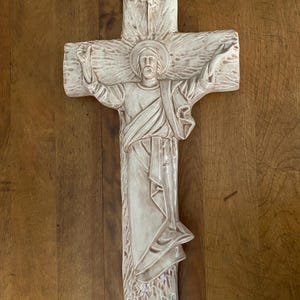 Vintage 1970s Large 19” x 11” Handmade Cream Ceramic Plaster Crucifix Cross Wall Hanging Wall Decor, Jesus Catholic Christ Christianity