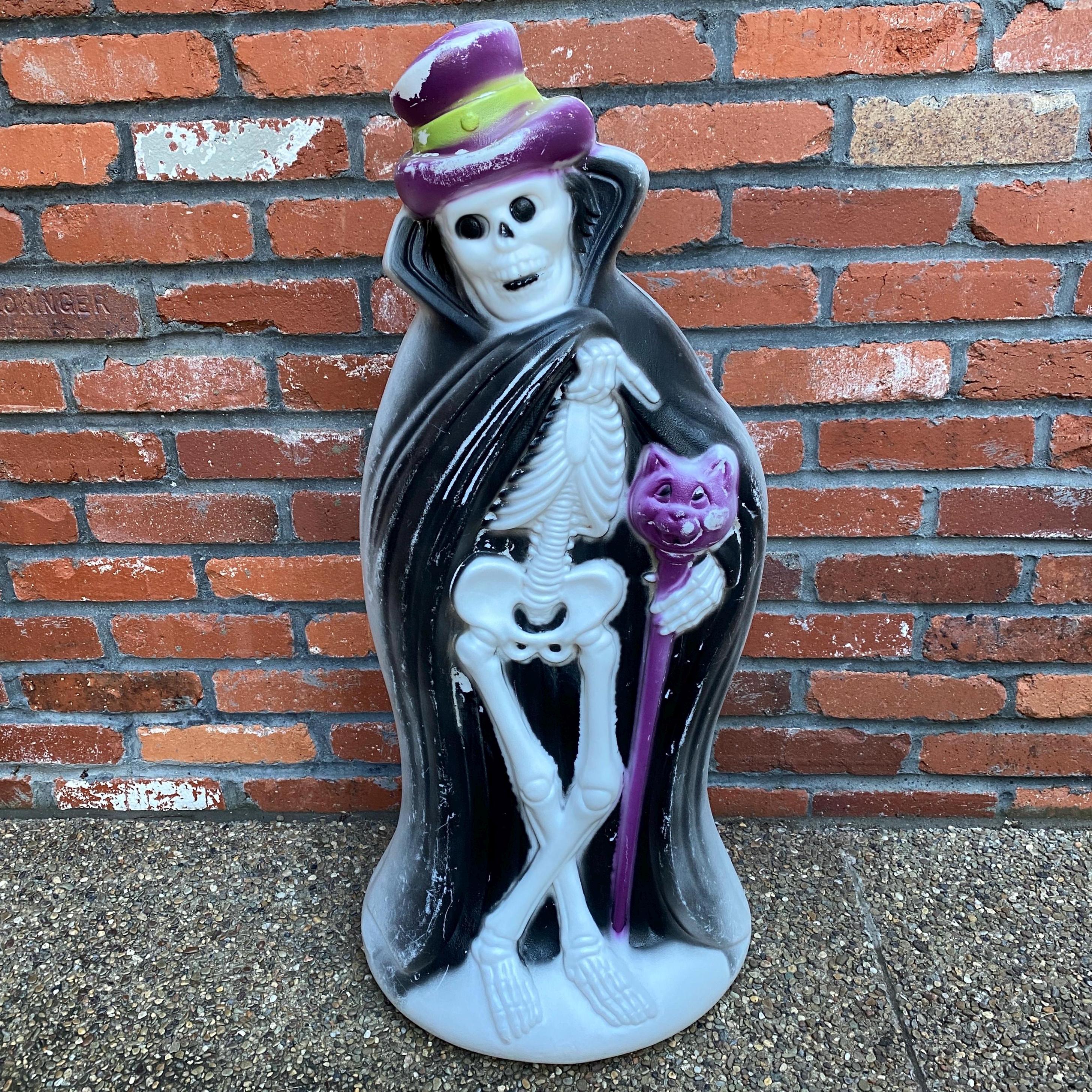 Vintage Halloween Skeleton Blow Mold With Cape & Cat Cane 34.5