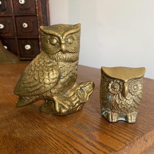 Vintage Brass Owl Set Small Owl on Branch Figurines Knick Knacks Collectibles Sculptures Bookends Paperweights Desk Decor Birthday Gift