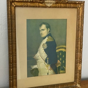 Antique Hand Colored Etching of Napoleon Bonaparte in His Study. Vintage Colonial Masterpiece in Ornate Gold Wood Frame. Picture Print Art