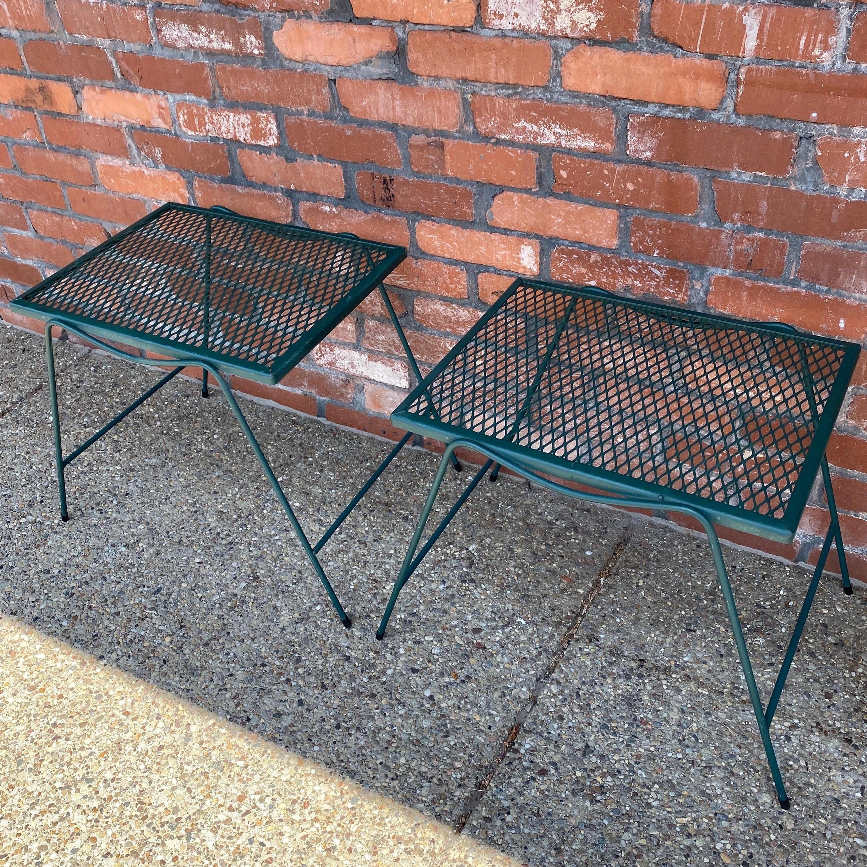 Rare Vintage Set of 2 Green Metal Wrought Iron Mesh Saarinen Side Tables Outdoor Pair of Accent Tables End Tables Mid Century Modern