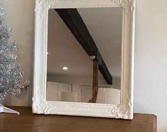 Antique Restored Frame Lead Glass Mirror Ornate White Hand Carved  25”H x21”W x2". French Provincial Early 1900s