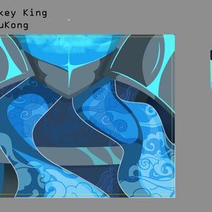 Puede incluir: Una ilustración digital titulada Possessed Monkey King y Posessed WuKong, que presenta una paleta de colores azul y gris oscuro con patrones de nubes arremolinadas, formas geométricas y un elemento gráfico azul más pequeño por separado.