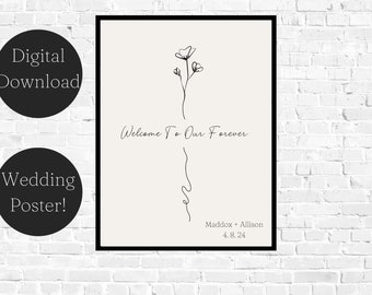 Welcome to our forever wedding poster, Wedding day welcome poster, digital download, editable wedding poster, Flower poster, Mr and Mrs