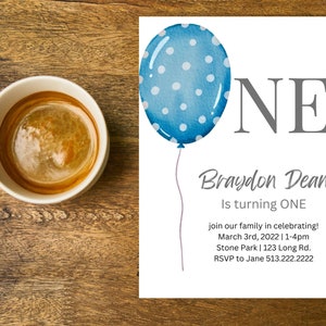Baby first birthday invitation, blue balloon invite, turning one, baby boy first birthday, digital download, editable birthday invite