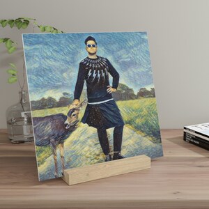 May include: A digital painting of a person wearing a black shirt with a lightning bolt design, black pants, and sunglasses. The person is standing next to a deer in a field. The painting is in a stylized, impressionistic style.