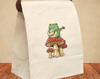 Mushroom Bag, Frog and Toad Canvas Lunch Bag, Cottagecore Bag, Reusable Lunch Bag for Women, Cute Lunch Bag, Lunch Tote, Goblincore Bag