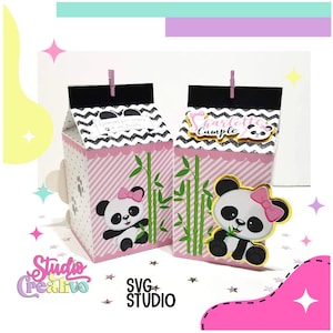 May include: Two pink and black milk carton shaped boxes with panda bear designs. The boxes have a black and white chevron pattern on the top and a pink and white striped pattern on the bottom. One box says "Gracias por venir a mi fiesta" and the other says "Charlotte Cumple".