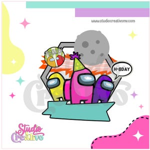 May include: A colorful graphic featuring three Among Us characters in yellow, pink, and purple, with a moon and a birthday hat. The image includes the text "H-BDAY" and "Discuss!" in speech bubbles, and a banner.